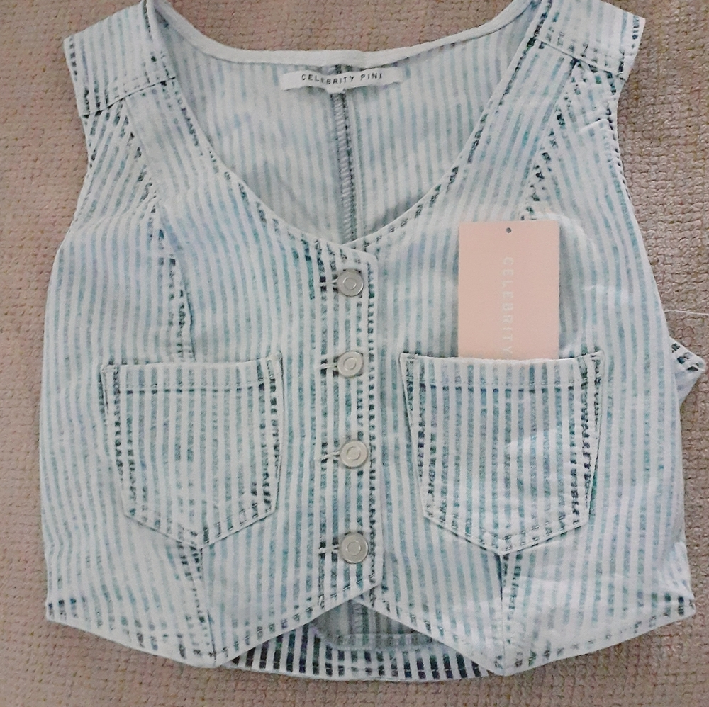 New Womans Celebrity Pink Striped Jean Vest Medium